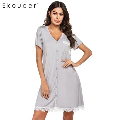 Ekouaer Summer Nightgown Women Chemise Sleepwear V Neck Short Sleeve