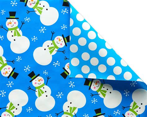 american greetings reversible christmas wrapping paper blue and red snowmen santa stripes and