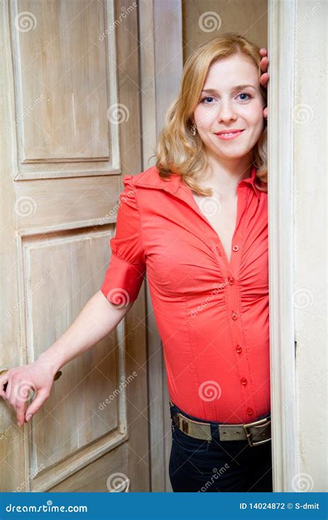 Woman Opening A Door Stock Photo Image Of Handle Entering