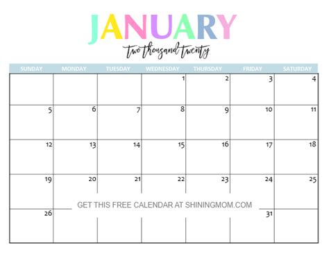 Preview and download free templates for printable monthly calendar 2020, 12 months calendar on each page ( 12 pages calendar, us letter paper, horizontal/vertical), including us federal holidays 2020 and week numbers, some templates are designed with space for notes or events. Free Printable 2020 Calendar: So Beautiful & Colorful!