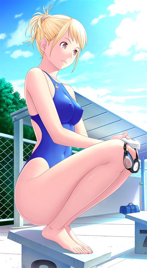 Kuri Kurigohan Asics Highres Girl Bag Barefoot Blonde Hair Blue One Piece Swimsuit