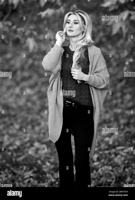 Girl Adorable Blonde Posing In Warm And Cozy Outfit Autumn Nature