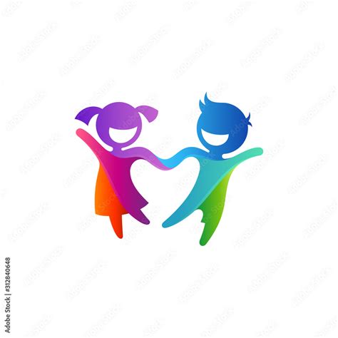 Colorful Two Kids Play Logo Design Creative Child Logo Template