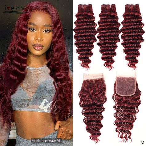 I Envy J Deep Wave Bundles With Closure Human Hair Weave Brazilian Red Burgundy Bundles With