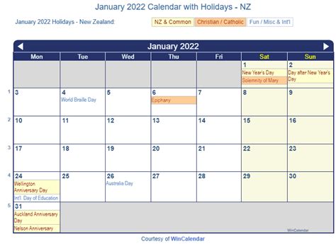 Print Friendly January 2022 New Zealand Calendar For Printing