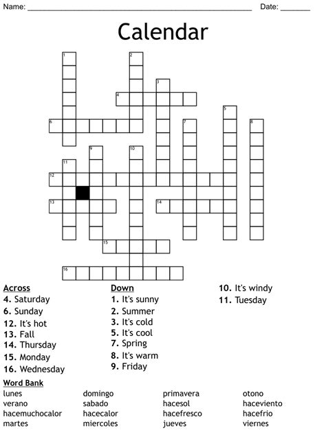Calendar Crossword Wordmint