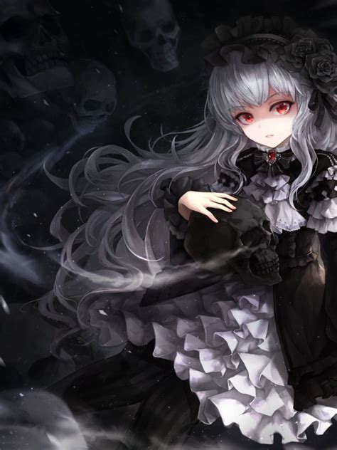 Download 600x800 Gothic Anime Girl Skulls White Hair Dress Lantern
