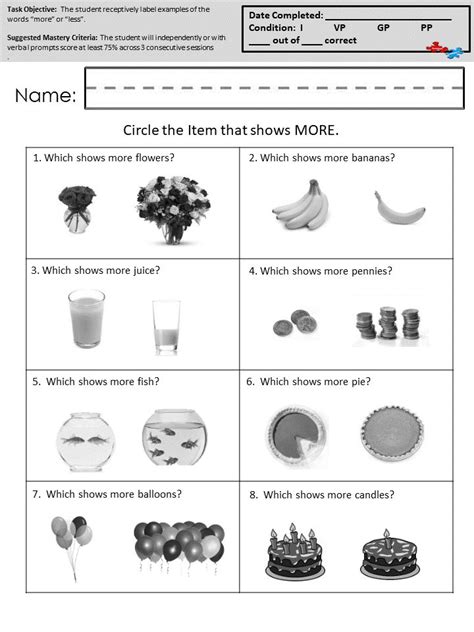 More or Less Worksheets | Autism worksheets, Free printable math