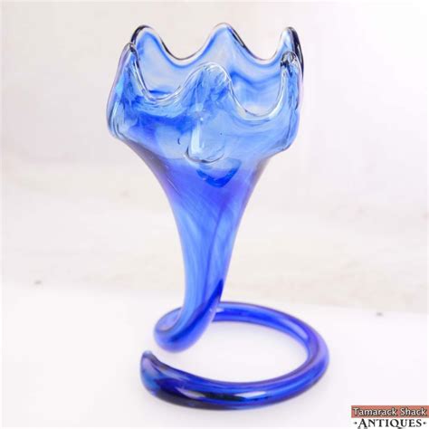Large Ocean Blue Flowering Blown Art Glass Vase Spiral Stem Wavy Edge Vintage Tamarack Shack