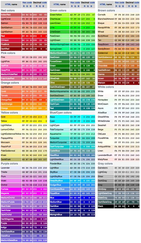 Image Description Web Colors Color Chart Color Names Chart