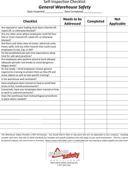 Warehouse general materials safety and handling checklist this warehouse safety inspection template for general safety and materials handling can be used by safety and team managers. Ultimate List of Warehouse Safety Checklists