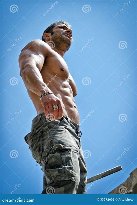 Hot Muscular Construction Worker Shirtless Seen From Below Stock Image Image Of Work
