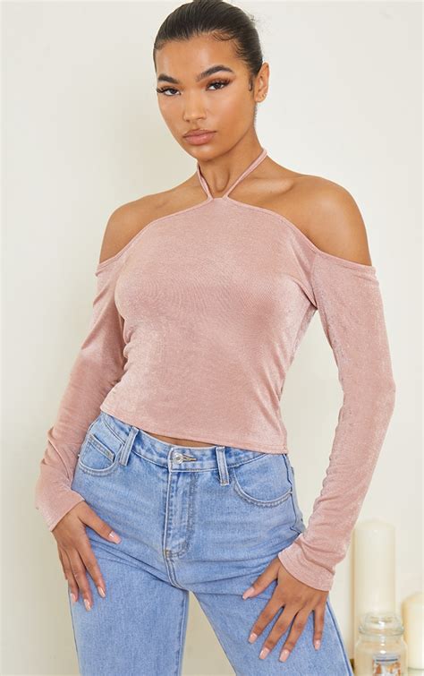 Top long slinky nude dos nu à manches longues PrettyLittleThing FR
