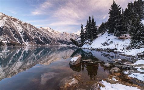 Big Almaty Lake Winter Mountains Snow Kazakhstan For With