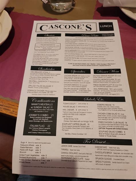 Menu At Cascones Restaurant Kansas City N Oak Trafficway
