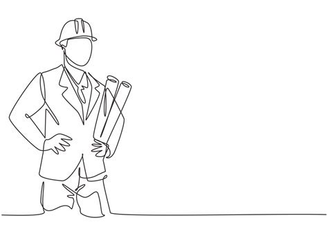Single One Line Drawing Of Young Male Architect Holding Blueprint Paper