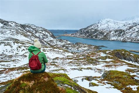 Woman Tourist On Lofoten Islands Norway Stock Image Image Of Tourism
