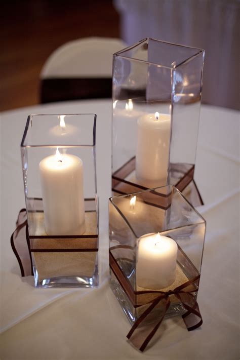 Simple Centerpiece Using Sand Ribbon And Candles From Hobby Lobby With Square Vases Re Vase