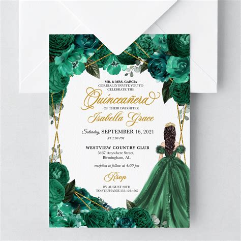 Editable Invitation Emerald Green Floral Quinceanera Etsy