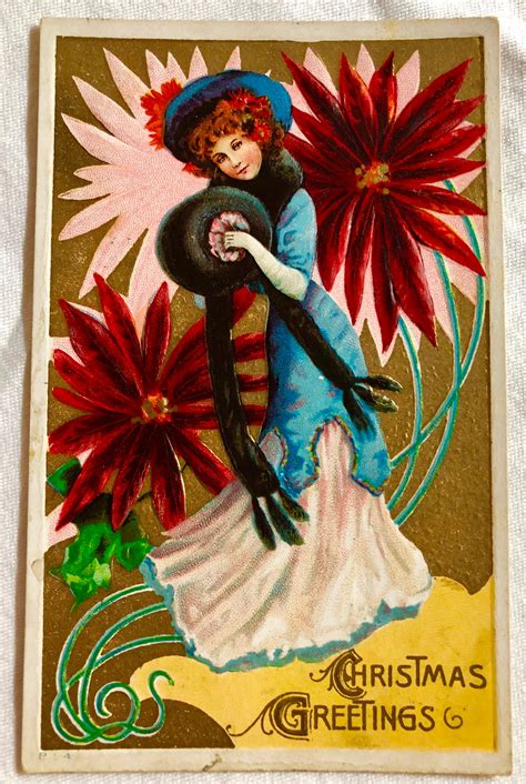 Vintage 1914 Christmas Postcard With A Beautiful Victorian Lady