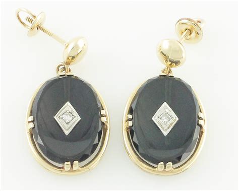 Black Onyx Diamond 10k Earrings Vintage Dangle 10k Yellow Gold Black