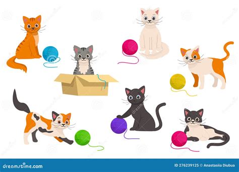 Set Of Cute Cats Playing With Colorful Balls Of Thread Stock Vector