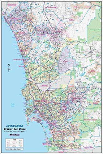Greater San Diego Detailed Wall Map Wzip Codes Laminated 36x54