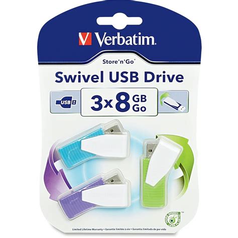 Verbatim 8gb Swivel Usb Flash Drive 3pk Blue Green Violet