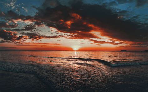 Sunset Sea Waves Horizon Dusk Hd Wallpaper Peakpx