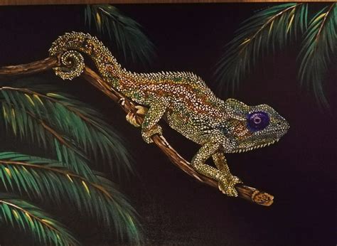 Chameleon Acrylic Painting With Black Background Multicolor Etsy Uk