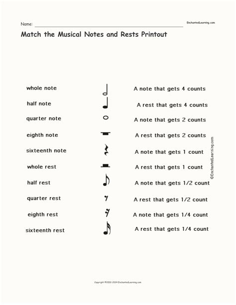 Match The Musical Notes And Rests Printout Enchanted Learning
