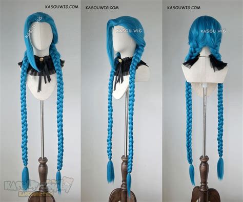 [ kasou wig ] league of legends jinx 120cm long blue twin braids cosplay wig twin braids
