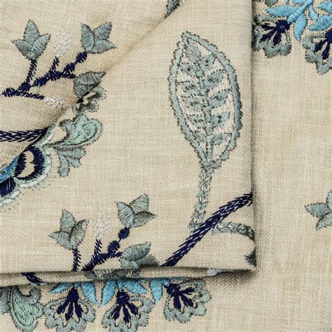 Blue Flowers Embroidered Fabric By The Yard Cotton Linen Etsy