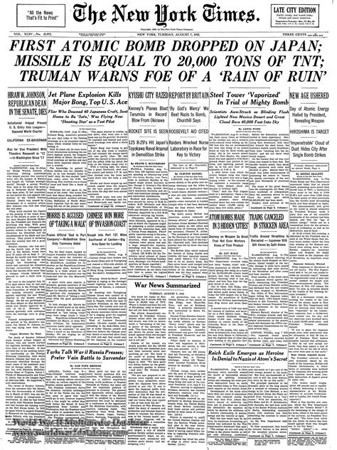 Times) is an american daily newspaper based in new york city with a worldwide readership. New York Times Front Page, August 7, 1945 | The World War ...