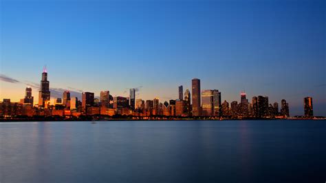 1920x1080 Chicago Buildings Lake Houses Light Water Sunset Sky