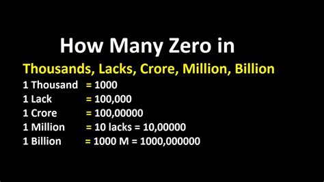 To find out how many billions in a trillion, multiply by 1,000. How much Zero in Thousands, Lakhs, Million, Billion ...
