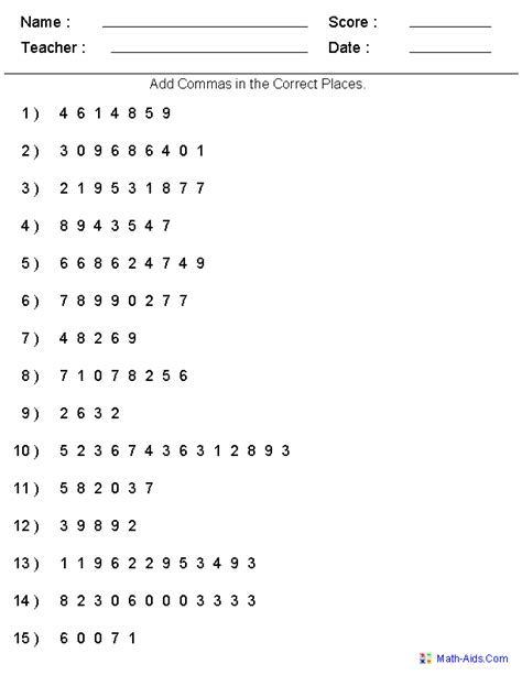 Put Commas In Correct Position For Large Numbers Worksheet