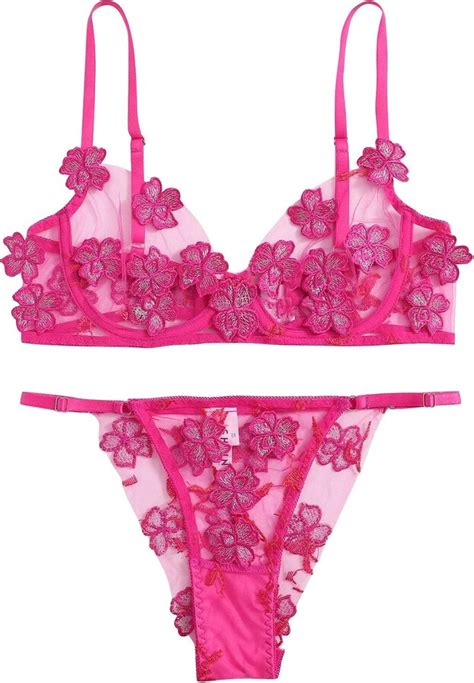 Hirola Sexy Bra And Thong Sets For Women Sheer Lace Spaghetti Strap Flower Applique Lingerie Set