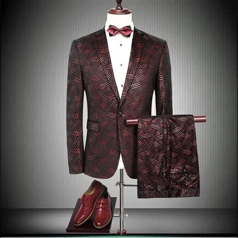2018 New Brand Wine Red Men Suits Printing Wedding Blazers Suits Male