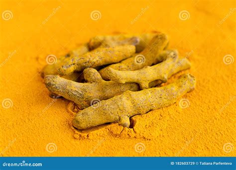 Close Up Turmeric Or Curcuma Roots And Powder Stock Image Image Of