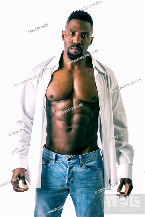 African American Bodybuilder Man Wearing Jeans And Open Shirt On Naked
