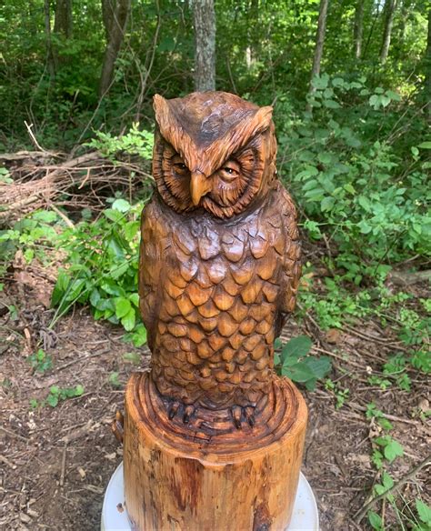 Owl Chainsaw Carving Wooden Owl Owl Sculpture By Josh Carte