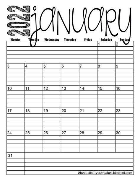 2022 Monday Start Lined Monthly Calendars 85x11 Portrait Etsy
