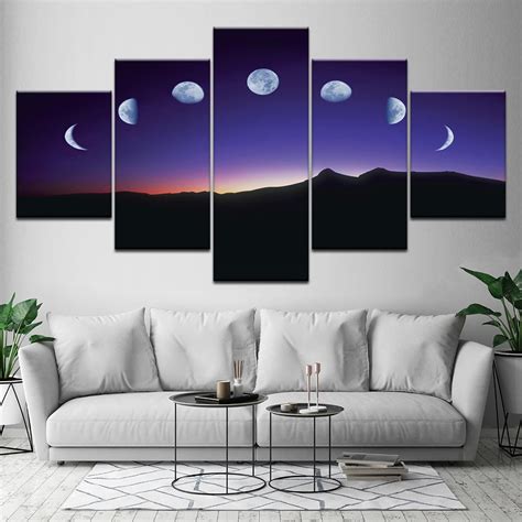 Minimalist 5panel Moon Phase Canvas Painting Black White Art Poster
