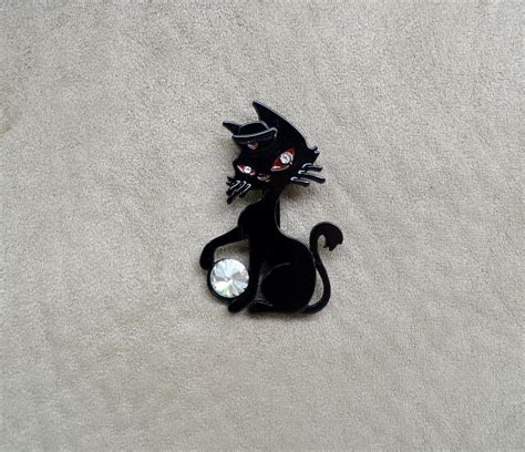 Black Cat Pin Rhinestone Sparkly Brooch Kitty Shawl Pin Cat Badge