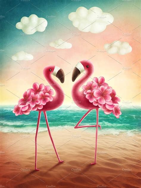 Two Flamingos Flamingo Love Illustration Creative Market