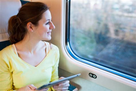 Young Woman Traveling By Train Stock Image Image Of Passenger Fast