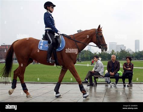 A Policewoman On Horseback Patrols In A Park In Dalian Liaoning