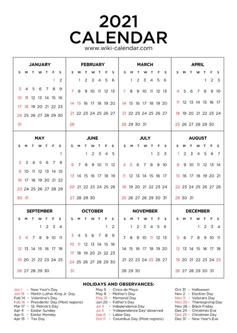 Printable 2021 Calendar With Holidays 2021calendar Wikicalendar