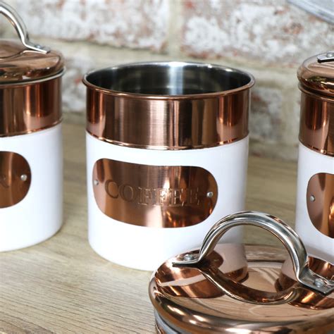 In a tall rectangular design, these will hold plenty of add some vintage retro style to your kitchen with these vibrant polished copper storage canisters. Copper white metal tea coffee sugar storage canisters set ...